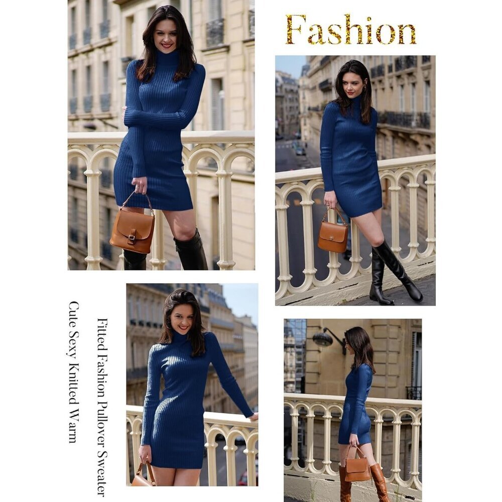 Women's Turtleneck Long Sleeve Bodycon Fall Mini Slim Knit Sweater Dress Navy - Picture 5 of 5